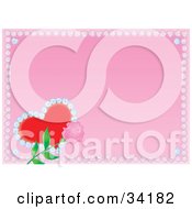 Clipart Illustration Of A Pink Rose And Red Heart In The Corner Of A Pink Background Bordered By Flowers