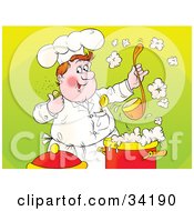 Clipart Illustration Of A Happy And Chubby Male Chef Giving The Thumbs Up While Holding Up A Ladle Of Soup