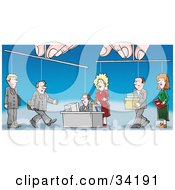 Pair Of Hands Controlling Puppet Employees As They Conduct Their Work In An Office