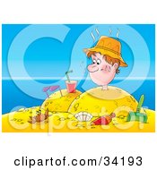 Clipart Illustration Of A Crab Looking Up At A Hot And Sweaty Man Buried In Sand On A Beach by Alex Bannykh