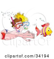 Poster, Art Print Of Happy Couple Chasing A Fish While Swimming And Snorkeling