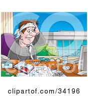 Clipart Illustration Of A Stressed Out Caucasian Businessman Sweating At His Desk And Staring At His Computer