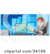 Professional Businessman Sitting In A Chair In His City Office Holding Cash And Smiling A Graph Of Profits On His Computer