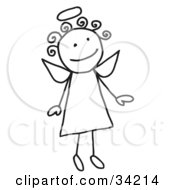 Cute Flying Female Stick Angel With A Halo And Curly Hair