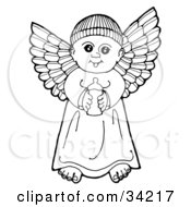 Poster, Art Print Of Black And White Pen And Ink Drawing Of A Happy Winged Baby Angel Holding A Bottle