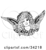 Poster, Art Print Of Pen And Ink Drawing Of A Pretty Female Angel Face With Curly Hair And A Floral Wreath