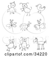 Poster, Art Print Of Stick Figure Cat Dog Bird Dragonfly Ladybug Butterfly Pig Pupy And Horse