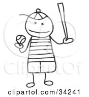 Clipart Illustration Of A Stick Boy Playing Baseball by C Charley-Franzwa #COLLC34241-0078