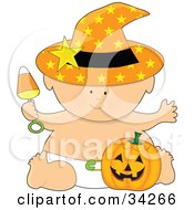 Poster, Art Print Of Halloween Baby In An Orange Starry Witchs Hat And Diaper Holding A Candy Corn Rattle And Sitting With A Pumpkin