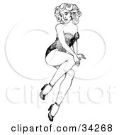 Clipart Illustration Of A Sexy Black And White Pinup Girl Sitting On The Floor With One Hand On Her Knee