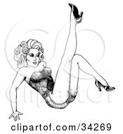 Clipart Illustration Of A Sexy Black And White Pinup Girl Leaning Back On Her Hands Kicking Up Her Leg by C Charley-Franzwa