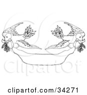 Clipart Illustration Of Two Black And White Turtle Doves Flying A Banner With Flowers In Their Mouths by C Charley-Franzwa #COLLC34271-0078