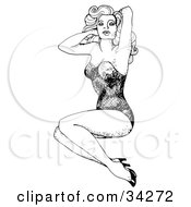 Clipart Illustration Of A Seductive Black And White Pinup Girl Holding Up Her Hair by C Charley-Franzwa #COLLC34272-0078