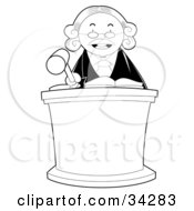 Stern Male Judge Behind A Podium Wearing A White Wig And Banging His Gave