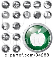 Poster, Art Print Of Green Apple Icon Button With A Set Of Transportation Animal Religion Fitness And Other Icons