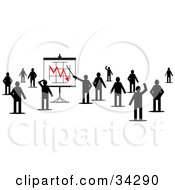 Group Of Silhouetted People Standing And Waving One Pointing To A Decreasing Chart On A Board