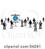 Poster, Art Print Of Group Of Silhouetted People Standing And Waving One Pointing To A Globe And Flames On A Board