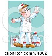 Poster, Art Print Of Happy Male Caucasian Paramedic Standing With A First Aid Kit Holding Up A Pill An Ambulance In The Background