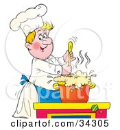 Jolly Blond Male Chef Stirring A Pot Of Foaming Soup