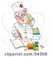 Clipart Illustration Of A Jolly Senior Pharmacist Taking Prescription Orders By Phone by Alex Bannykh