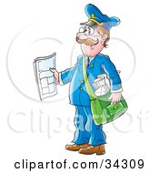 Friendly Caucasian Mailman Holding Out A Newspaper While Delivering Post