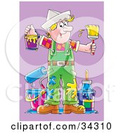 Poster, Art Print Of Messy Blond Caucasian Male Painter With Blue And Yellow Paint Splatters On His Overalls Holding A Bucket And Paintbrush