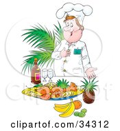 Poster, Art Print Of Proud Male Chef Presenting His Diners With A Lobster Meal With Fruit And Champagne
