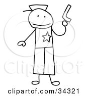 Poster, Art Print Of Stick Person Police Officer Holding A Gun On A White Background