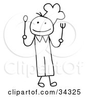 Clipart Illustration Of A Stick Person Chef Holding A Spoon And Fork by C Charley-Franzwa #COLLC34325-0078