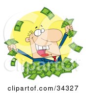 Happy Caucasian Man In A Pile Of Cash Holding And Throwing Money