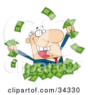 Poster, Art Print Of Happy Caucasian Businessman Playing In A Pile Of Money