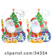 Clipart Illustration Of Two Versions Of Santa Claus With A Christmas Tree Toy Sack Stars And A Crescent Moon One Version Airbrushed The Other With Flat Colors by Alex Bannykh