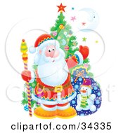 Poster, Art Print Of Santa Claus Holding A Staff And Standing In Front Of A Christmas Tree Toy Sack Colorful Stars And A Crescent Moon