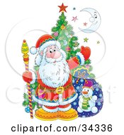 Poster, Art Print Of Kris Kringle Posed With A Christmas Tree Toy Sack Colorful Stars And A Crescent Moon