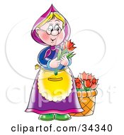 Clipart Illustration Of A Sweet Blond Granny With A Bucket Of Flowers Holding Two Red Tulips by Alex Bannykh