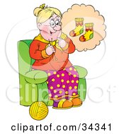 Clipart Illustration Of A Sweet Blond Granny Thinking Of A Colorful Pair Of Socks To Knit While Sitting In A Chair by Alex Bannykh