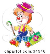 Poster, Art Print Of Adorable Red Haired Clown In A Hat Carrying A Cane And Floral Briefcase