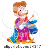 Poster, Art Print Of Handsome Magician With A Mustache Holding A Magic Wand Over A Hat