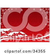 Clipart Illustration Of Homes In A Neighborhood With Snow On Their Roof Tops On A Red Background With White Waves And Snowflakes by dero