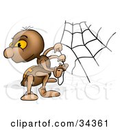 Poster, Art Print Of Cute Brown Spider Looking Back Over His Shoulder While Building A Web