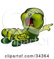 Poster, Art Print Of Green Caterpillar Angrily Pointing To The Right While Yelling And Looking Left