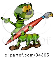 Poster, Art Print Of Cute Green Caterpillar Pointing And Carrying A Large Red Paintbrush With Yellow Paint On The Tip