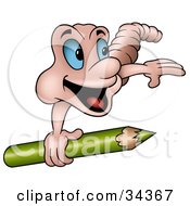 Poster, Art Print Of Cute Earthworm With Big Blue Eyes Looking Back While Carrying A Green Colored Pencil