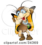 Clipart Illustration Of A Pretty Female Butterfly Character With Big Blue Eyes And Yellow Wings Wearing A Pearl Necklace And Touching Her Face