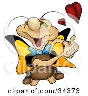 Poster, Art Print Of Infatuated Cute Butterfly Character With Green Eyes And Yellow Wings Kneeling And Pretending To Embrace Someone With A Red Heart