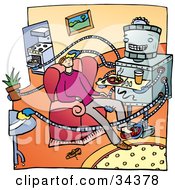 Clipart Illustration Of A Helpful Robot Cooking Cleaning And Serving Its Master A Meal In A Living Room