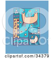 Poster, Art Print Of Scene Of Cancer With A Crab Over Stars With The Moon Waves And A Sailboat