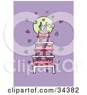 Poster, Art Print Of Loving Couple Holding Hands On Top Of A Wedding Cake Surrounded By Hearts