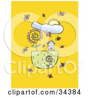 Poster, Art Print Of Spring Sun Shining Down On Bees Flying Around Flowers And A Bee House