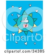 Poster, Art Print Of Bird Flying In Front Of A Blue Sun Carrying A Love Letter In A Sky Of Hearts